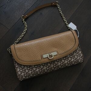 DKNY Tan Leather & Brown Monogram Chain Shoulder Bag